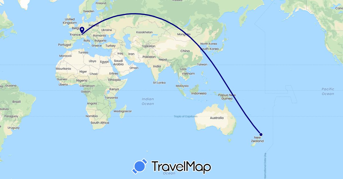 TravelMap itinerary: driving in Switzerland, New Zealand (Europe, Oceania)